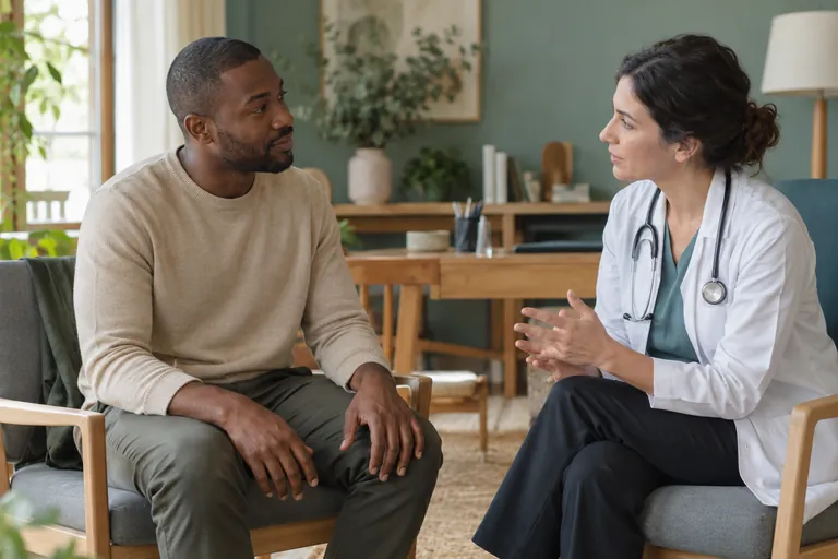 Un homme échange avec une médecin, les mains posées sur les cuisses