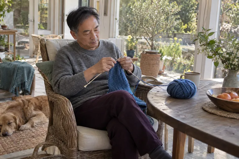 Un homme tricote dans un fauteuil près d’une table.