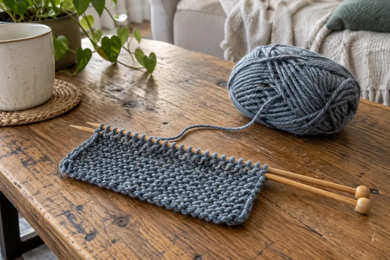 Une pelote, deux aiguilles et un ouvrage en laine sont posés sur une table.