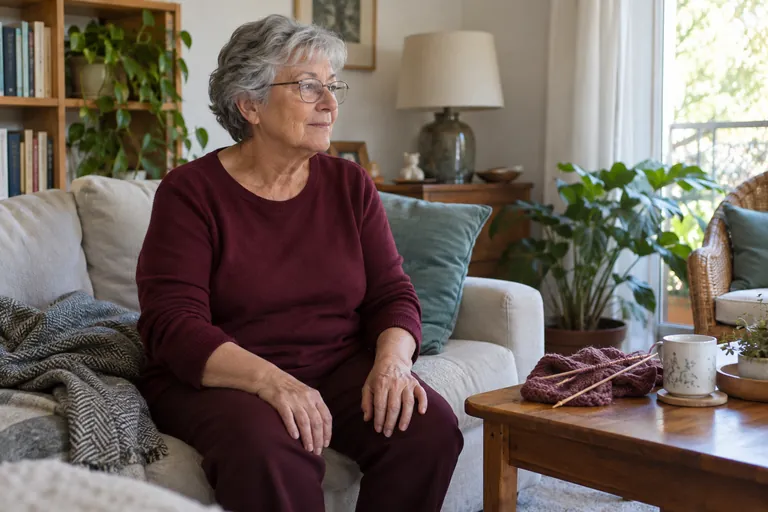 Une femme fait une pause sur un canapé, son tricot posé à côté.