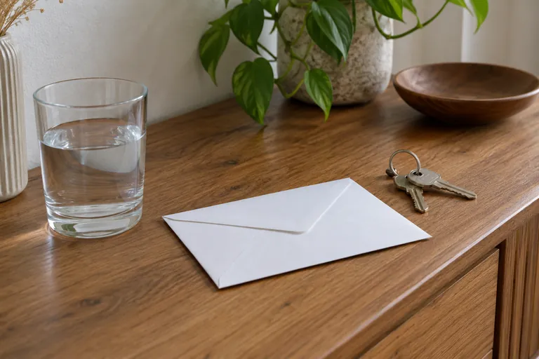Une enveloppe fermée, des clés et un verre d’eau reposent sur une console