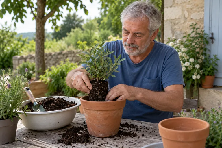 Un homme rempote une petite plante sur une table extérieure