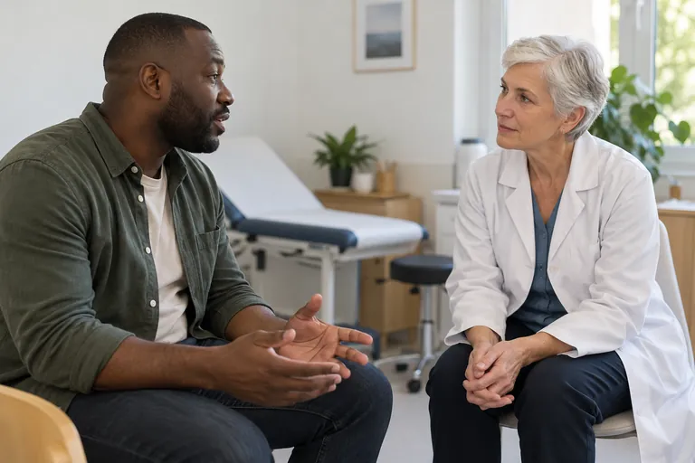 Un homme échange avec une professionnelle de santé