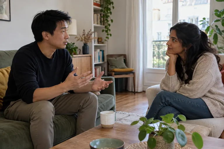 Deux adultes sont assis face à face et échangent