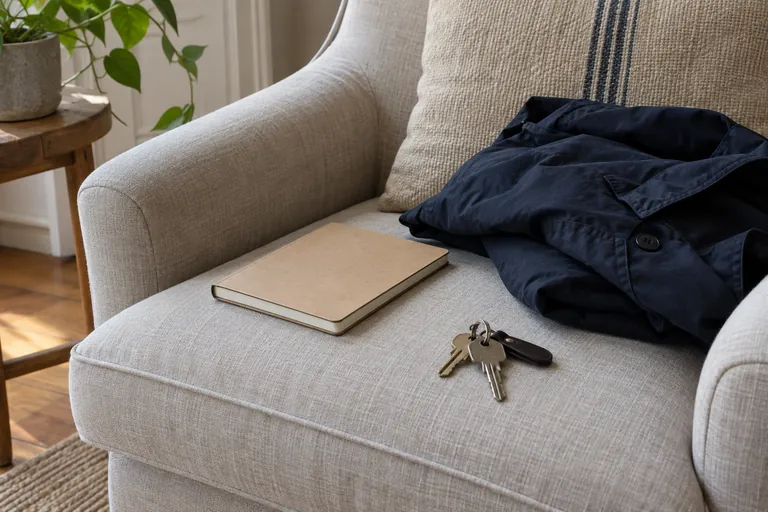 Un carnet fermé, une veste et des clés reposent sur un fauteuil