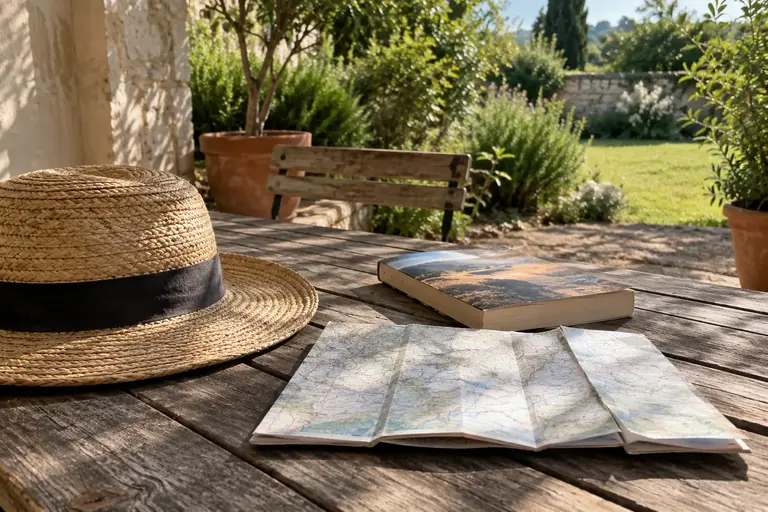 Un livre, un chapeau et une carte pliée sur une table de jardin, sans programme visible