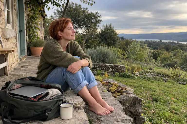 Une femme se repose devant une maison de vacances, un ordinateur fermé dans son sac