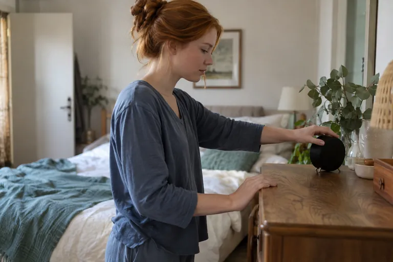 Une femme tourne un réveil posé sur une commode.