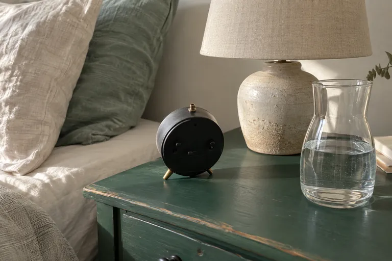 Un réveil tourné de dos et une carafe d’eau reposent près d’une lampe de chevet.