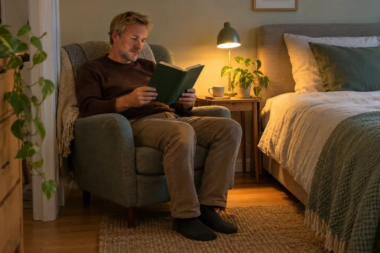 Un homme lit un livre dans un fauteuil à côté du lit.