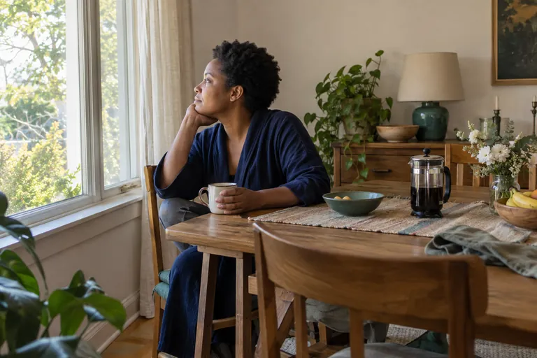 Une femme tient une tasse à table en regardant par la fenêtre.