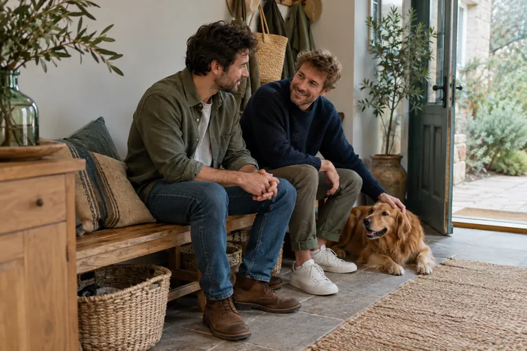 Deux hommes assis sur un banc d’entrée discutent