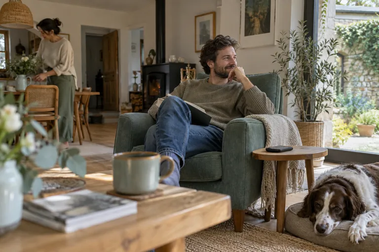 Un homme se repose dans un fauteuil, un livre sur les genoux