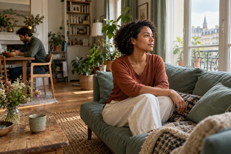 Une femme assise sur un canapé regarde par une fenêtre