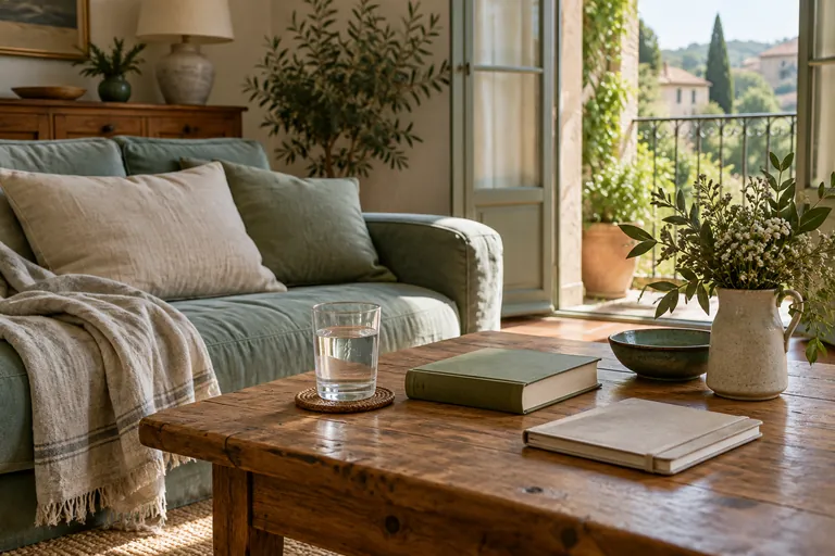 Un verre d’eau et des livres fermés reposent sur une table basse
