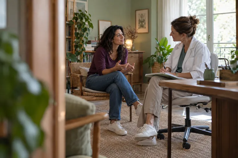 Une femme échange avec une professionnelle de santé