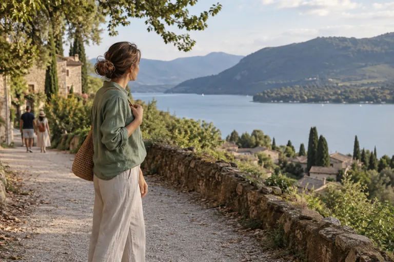Une femme observe un lac et les montagnes depuis un chemin