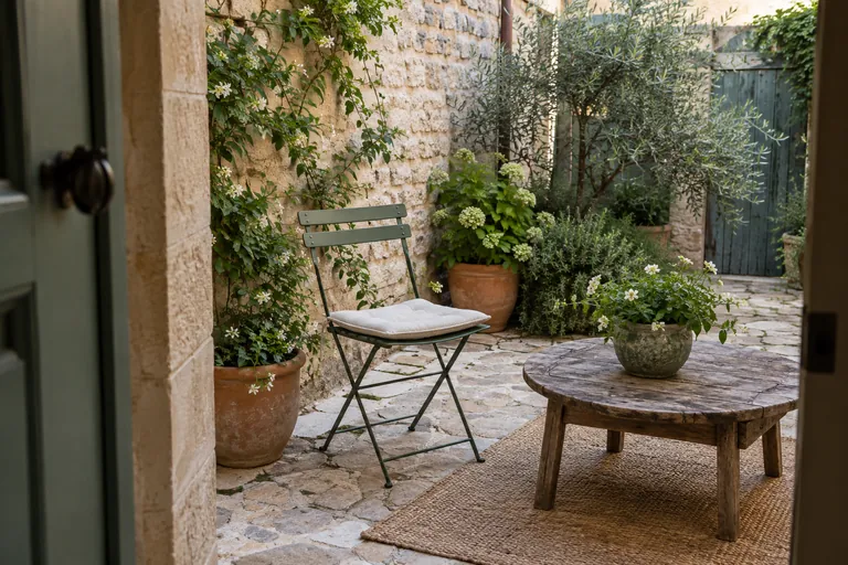 Une chaise et une table de jardin vertes dans une cour plantée