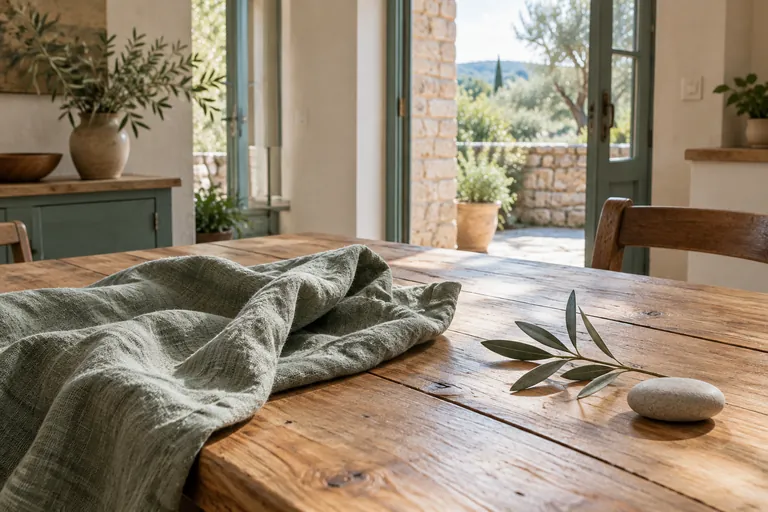 Un galet et une branche d’olivier reposent sur une table près d’un tissu vert