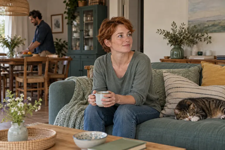 Une femme rousse tient une tasse sur un canapé près d’un chat